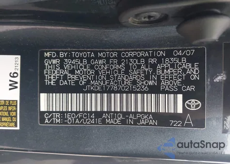 2007 Scion Tc z USA, uszkodzony, nr VIN JTKDE177870215236